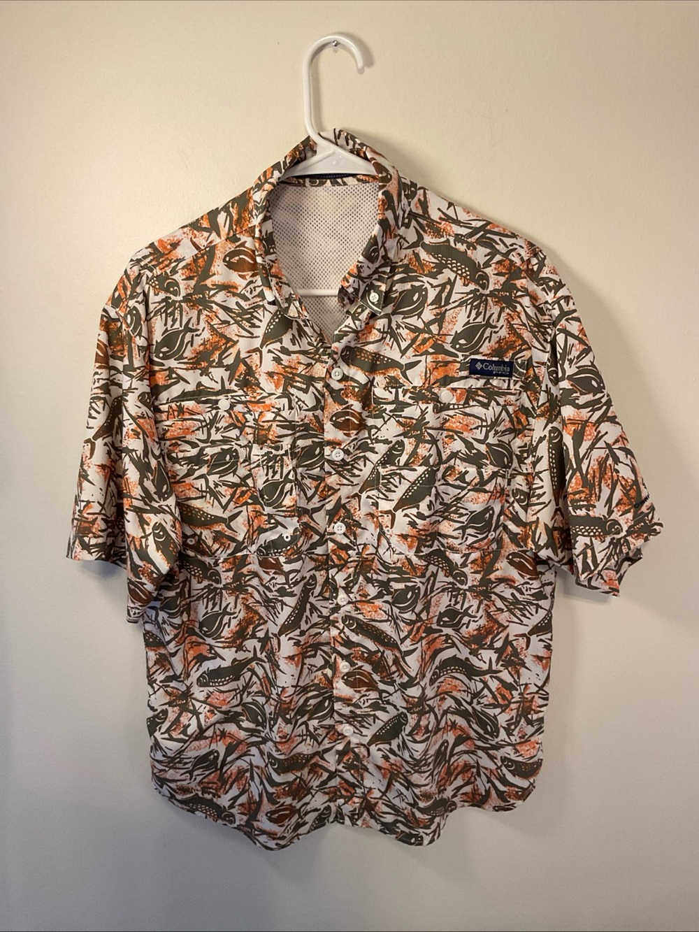 Columbia Short Sleeve Button-Front Shirt - White, Orange & Olive